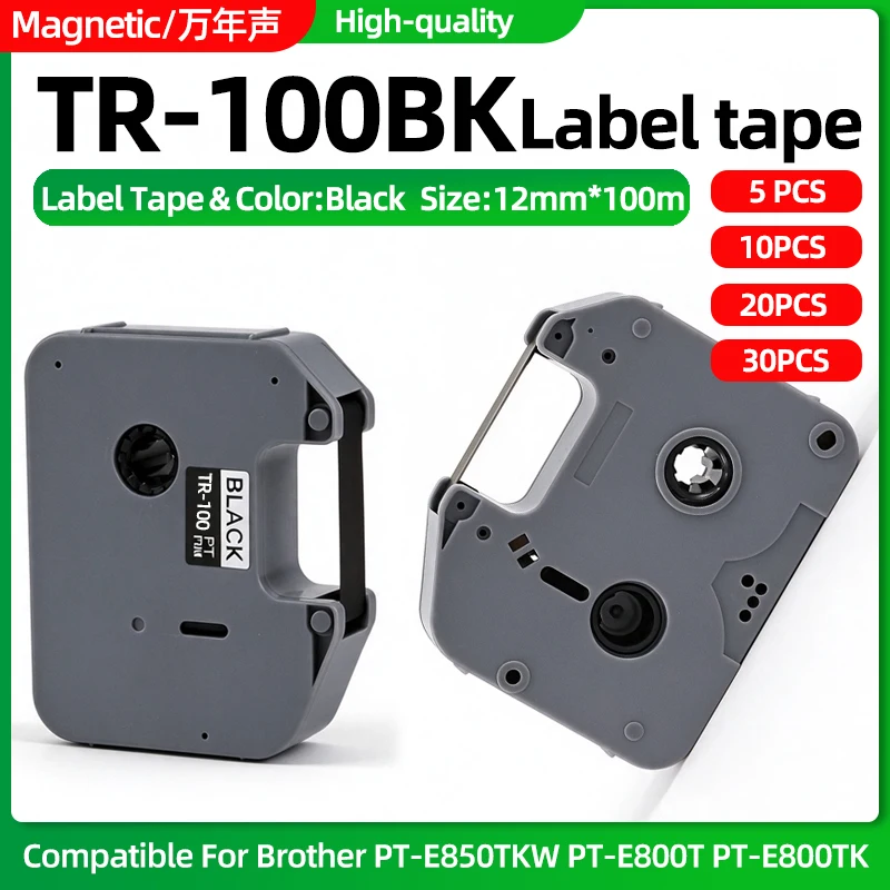 5/10/20/30pcs PT-100BK TR-100BK PT-100 black label tape 12mm*100m Compatible For Brother Ribbon printer TP-E800T E800TK E850TKW