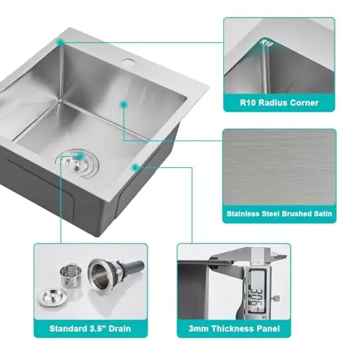 

15x17 Inch Single Bowl Drop-In Bar Sink Stainless Steel Brushed Satin Finish With 1 Faucet Hole And 3mm Thick Panel