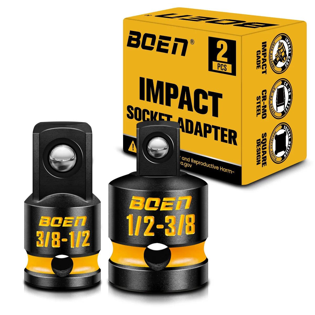 

Набор ударных адаптеров BOEN из 2 предметов: 3/8 дюйма F-1/2 дюйма M и 1/2 дюйма F-3/8 дюйма M, темно-желтое тиснение, сталь CR-MO