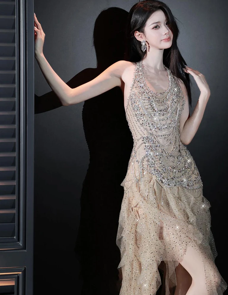 ชุดเดรสปาร์ตี้ L&P DQL สไตล์เซ็กซี่ สีแชมเปญ ผ้าทูลล์ประดับเลื่อมและลูกปัด ชุดราตรีงานเลี้ยง