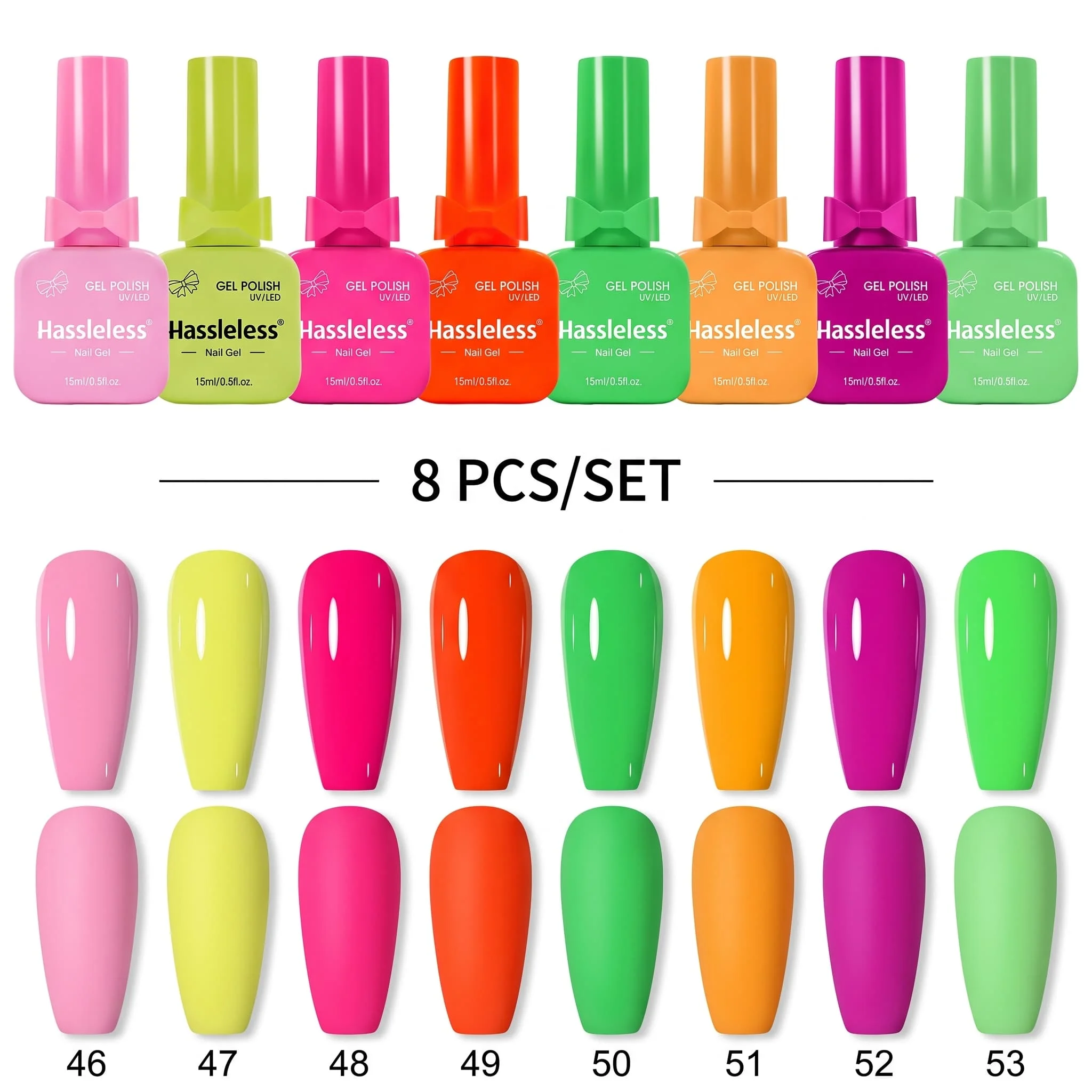 Hassleless 8-piece neon fluorescent bright color gel nail polish set, smooth application with high color saturation, mirror-like high gloss, long-lasting color retention, not prone to chipping or peeling, ideal for DIY