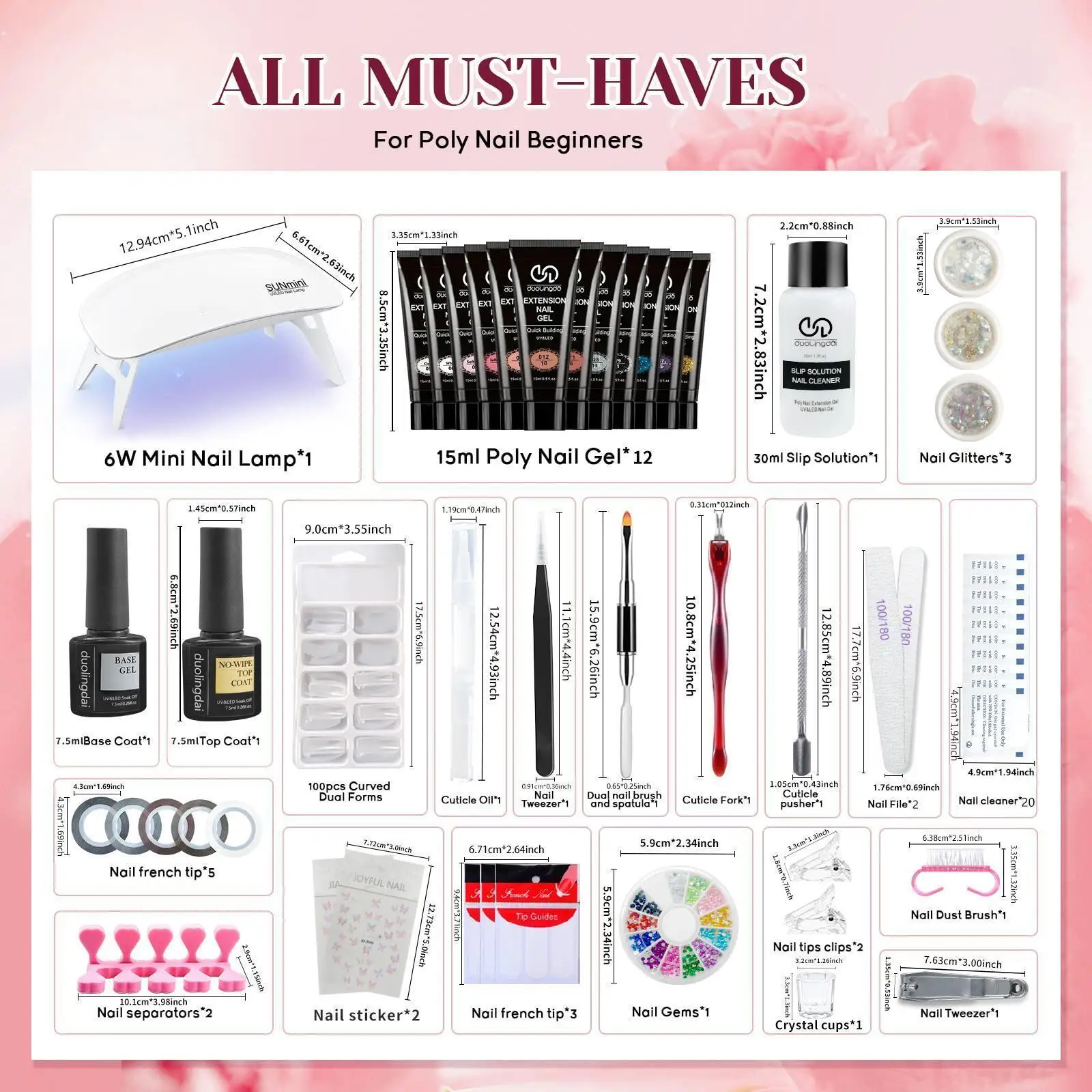Kit gel per estensione poli 12 colori Collezione per tutte le stagioni Lampada per unghie Soluzione antiscivolo Base Top coat opaco Estensione per unghie Costruzione Comp