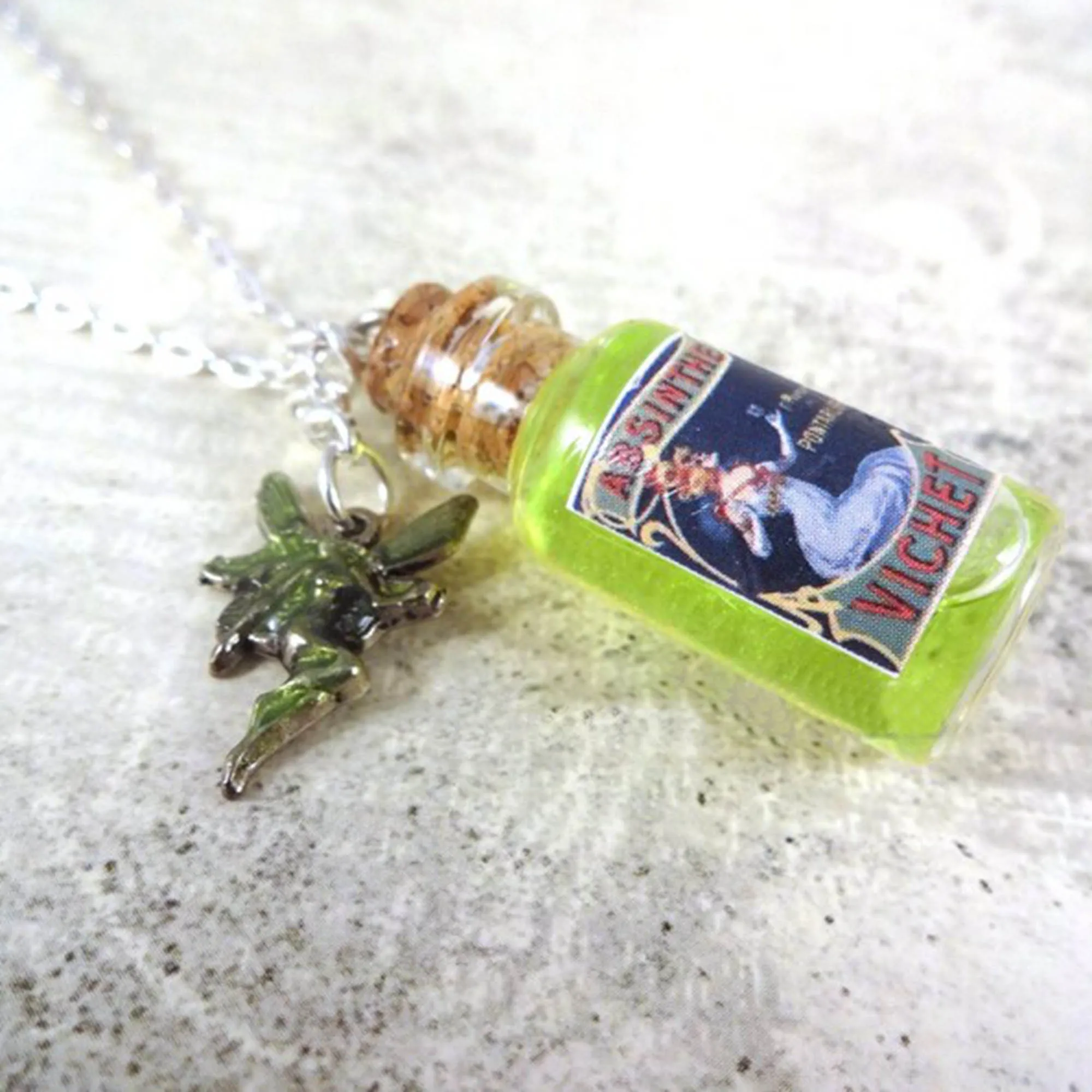 Absinthe Jewelry Antique Absinthe Glass Bottle Necklace Green Fairy Charm Potion Vial Absinthe Fairy Necklace Charm Halloween