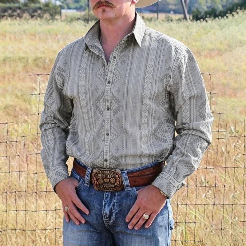 Men's Long Sleeve Western Retro Navajo Ethnic Print Shirt, Country Cowboy Collar Casual Blouse