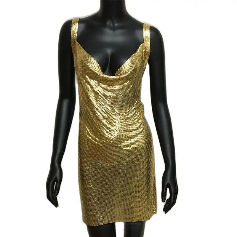 Metal Lantejoulas Cocktail Vestidos de Noite Luxo Backless Boate Partido Sexy Mulheres Vestido Baile Vestido Festival Rave Outfits Vestidos