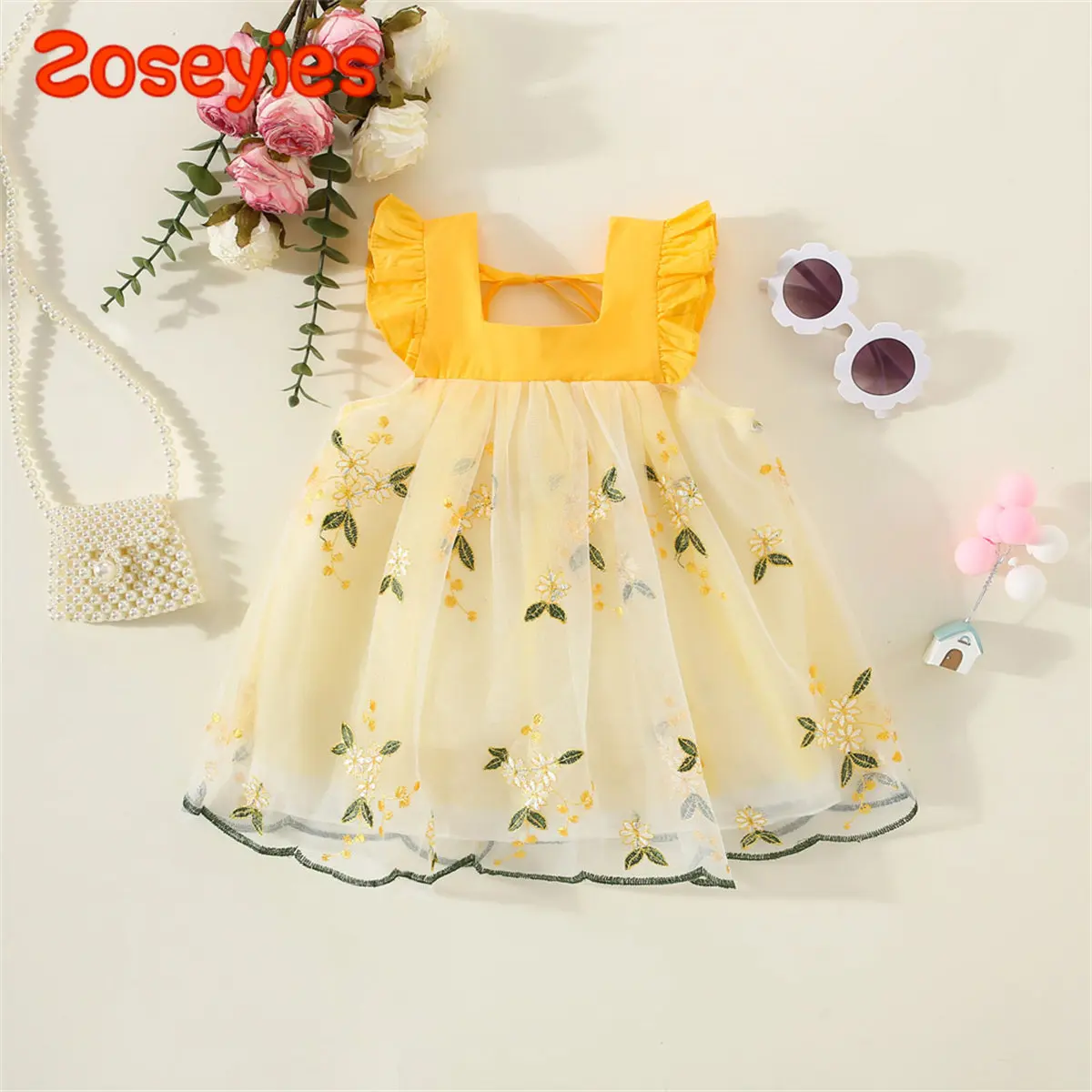 Summer Baby Girl's Dress Flower Embroidery Mesh Splice Flying Sleeve Sweet Dress