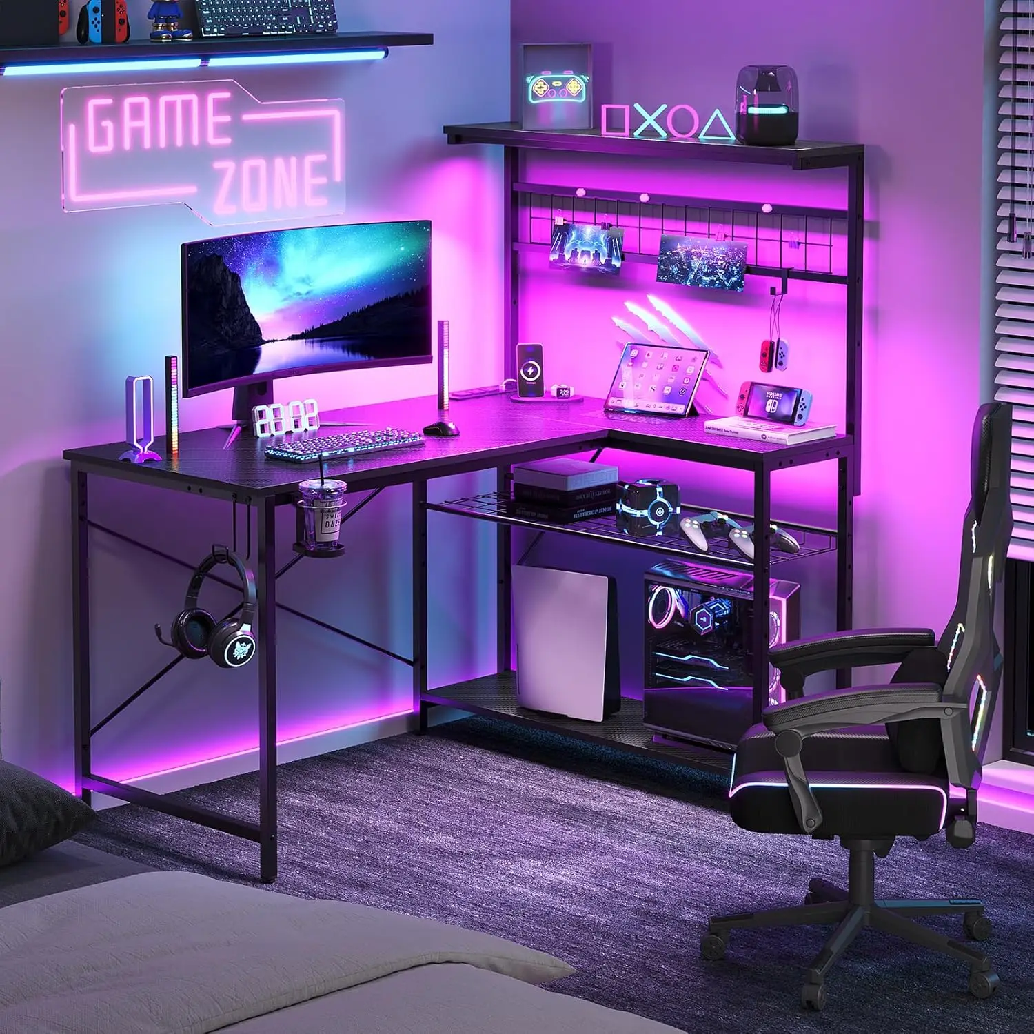 42 L Gaming Desk,Computer Desk with Power Outlets, LED Lights, Reversible Corner Desk with 4-Tier Shelves,Cup Holder & Hook Carb