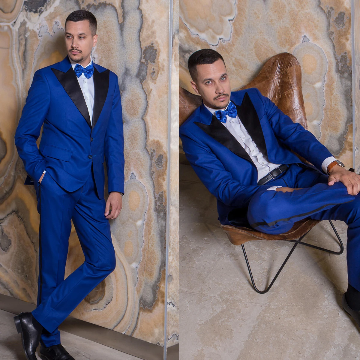 

Gentleman Royal Blue Wedding Tuxedos 2 Pieces Black Peaked Lapel Outfits Wedding Pants Sets Business Formal Wear