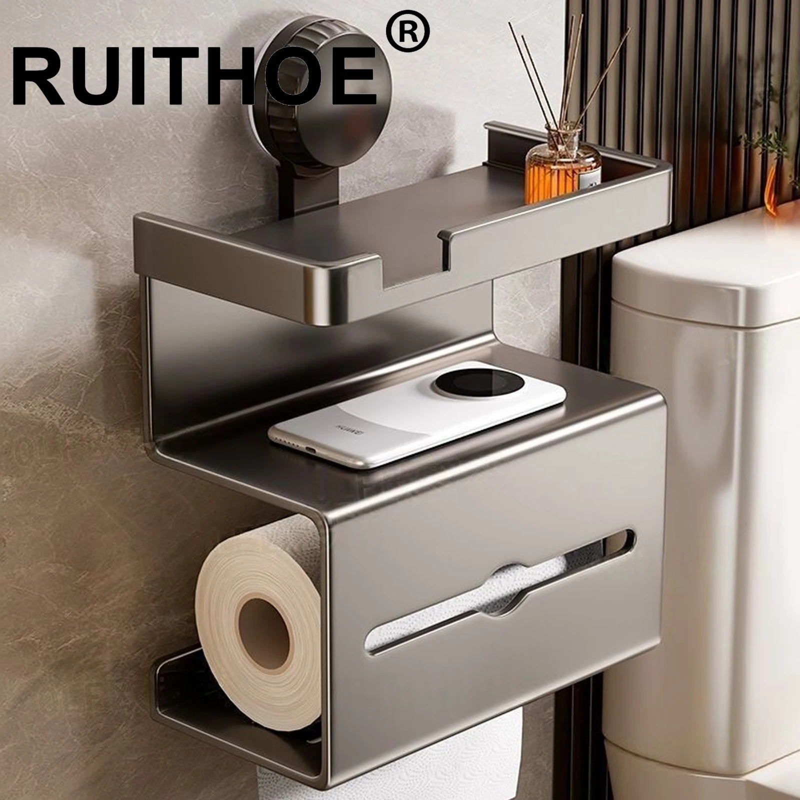 Toilet Paper Holder Space Aluminum Wall Mounted Black Toilet Paper Roll Holder Bathroom Accessories Hardware Decor Storage Shelf