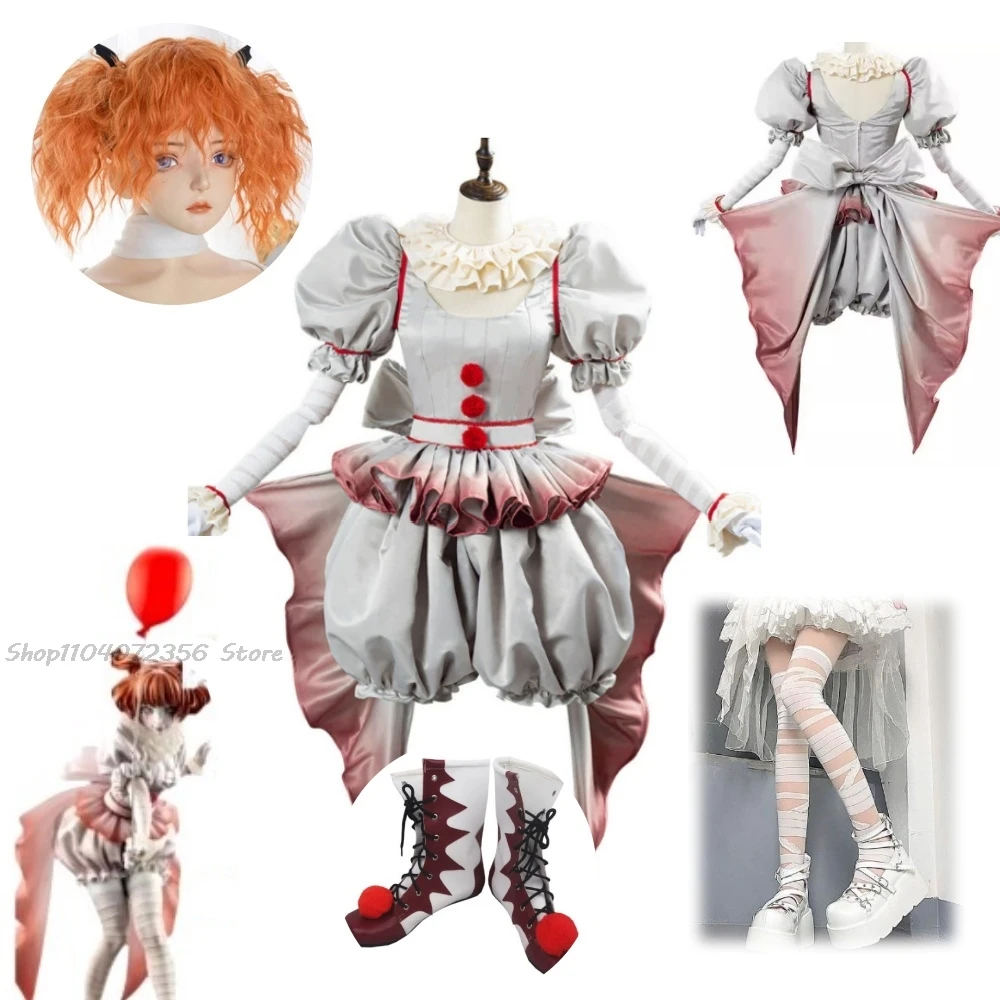 Disfraz de Cosplay de Pennywise de payaso de película, Genderswap, vestido de Lolita de terror para Halloween, conjunto completo de peluca para fiesta de Carnaval de fantasía para mujer