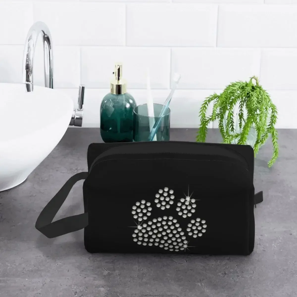 Kawaii Cute Rhinestone Dog Paw Travel Toiletry Bag for Women Diamond Cosmetic Makeup Bag Beauty Storage Dopp Kit