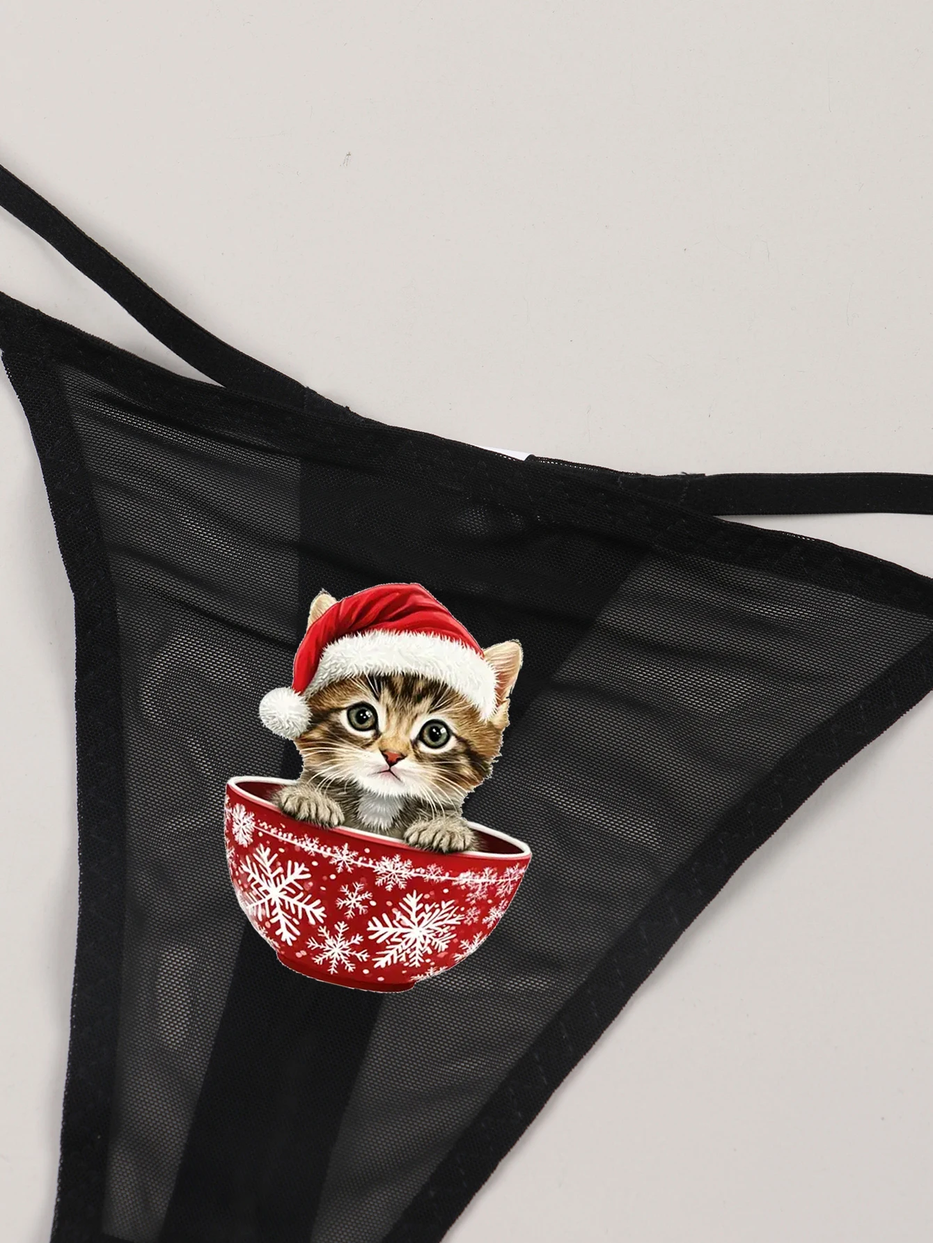 Varsbaby Christmas Panties See-through Thong with Cat Prints Sexy Fashion G-String Women Mesh T-back Underwear Lingerie