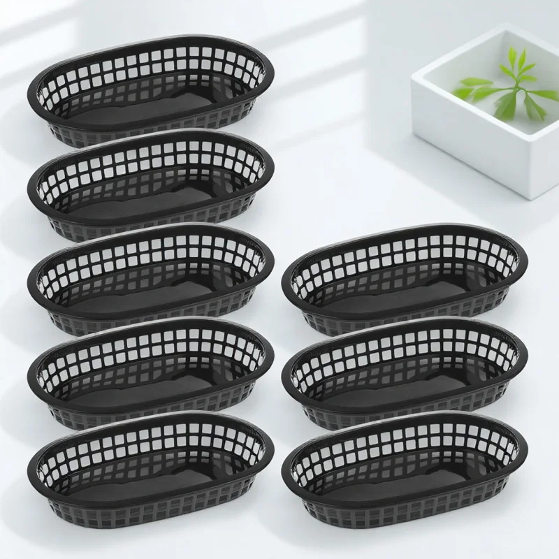 

12Pcs Fast Food Baskets Oval Plastic Food Service Trays Breathable Hollow Design for Restaurants Parties Picnics