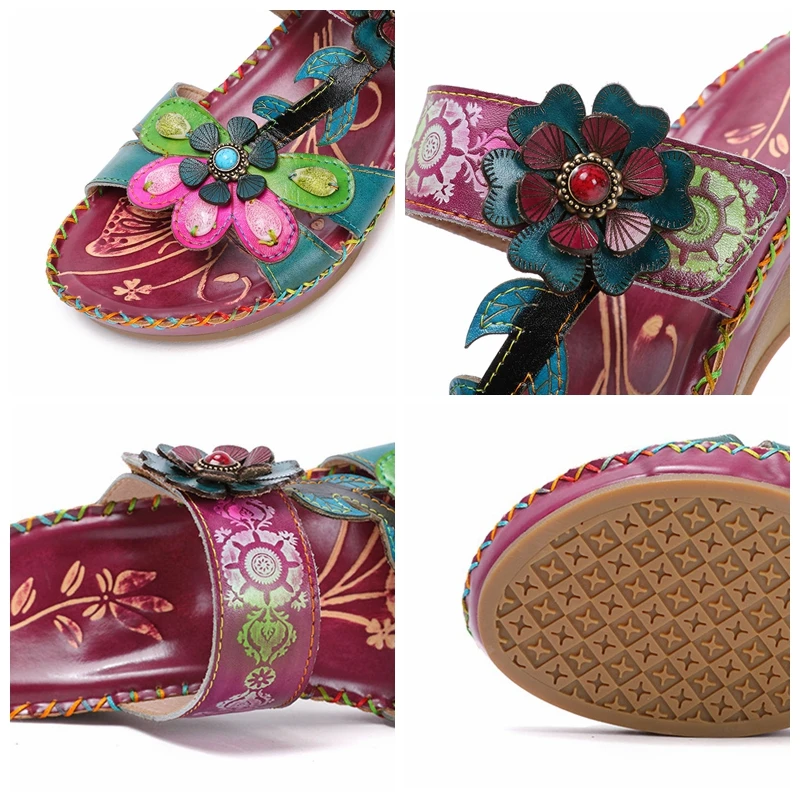 Koznoy 3.5cm Women Summer Slippers Genuine Leather Ethnic Flats Appliques Flower Platform Comfy Women Fashion Ladies Hook Shoes