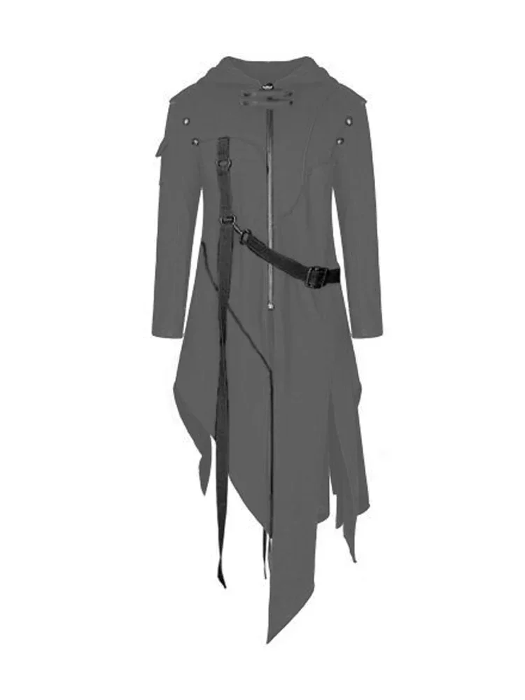 빈티지 할로윈 중세 스팀펑크 암살자 엘프 해적 의상 성인 남성용 블랙 롱 스플릿 재킷 고딕 아머 가죽 코트