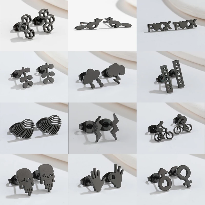 Small Earrings Black Stainless Steel Geometric Ear Studs for Women Men Punk Heart Lightning Skull Leaf Earings Party Pendientes