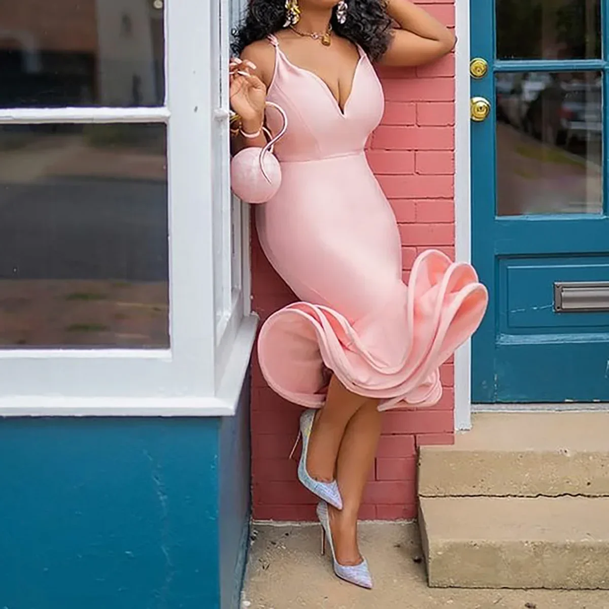 

African Dresses for Women 2021 Summer African Women Pink Sleeveless V-neck Polyester Dress African Clothing