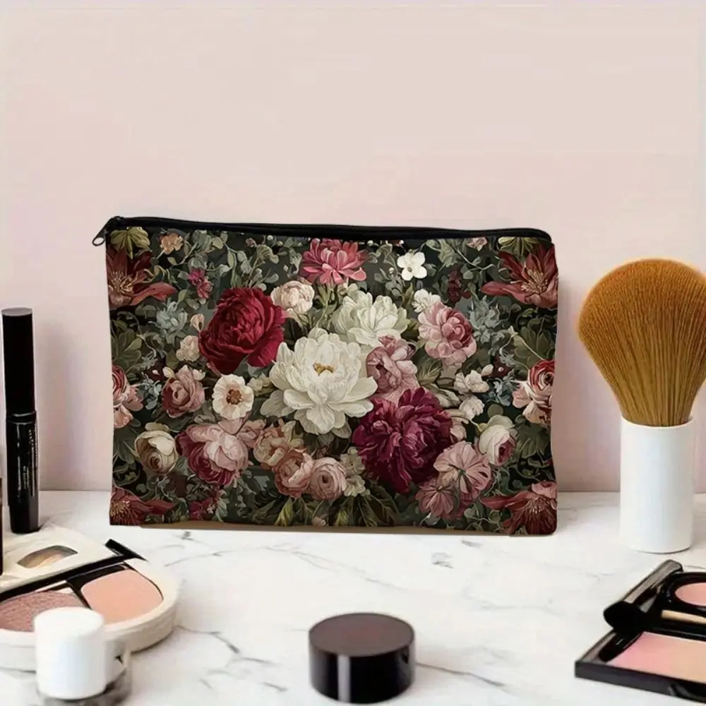Zipper Closure Makeup Bag Printed Pattern Portable Cosmetic Bag Wide Storage Space Rectangular Shape Toiletry Bag Makeup Storage