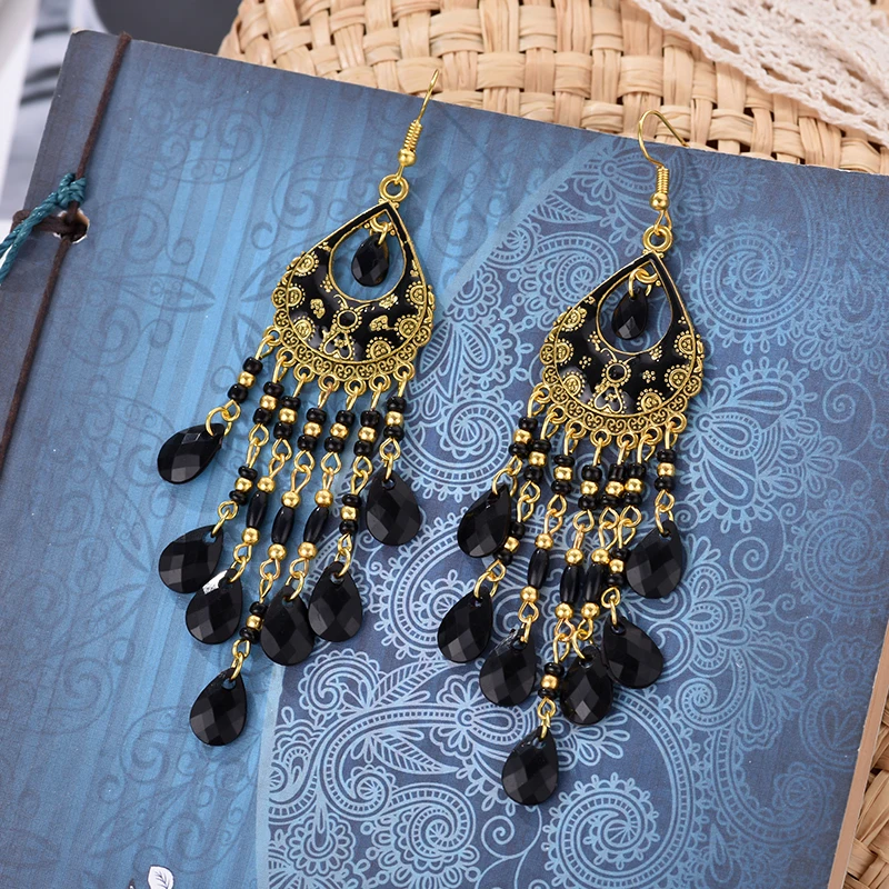 Ethnische Lange Acryl Wasser Tropfen Ohrringe für Frauen Retro Boho Gold Farbe Hohl Quaste Ohrringe Bijoux Femme Zubehör – Detail 26
