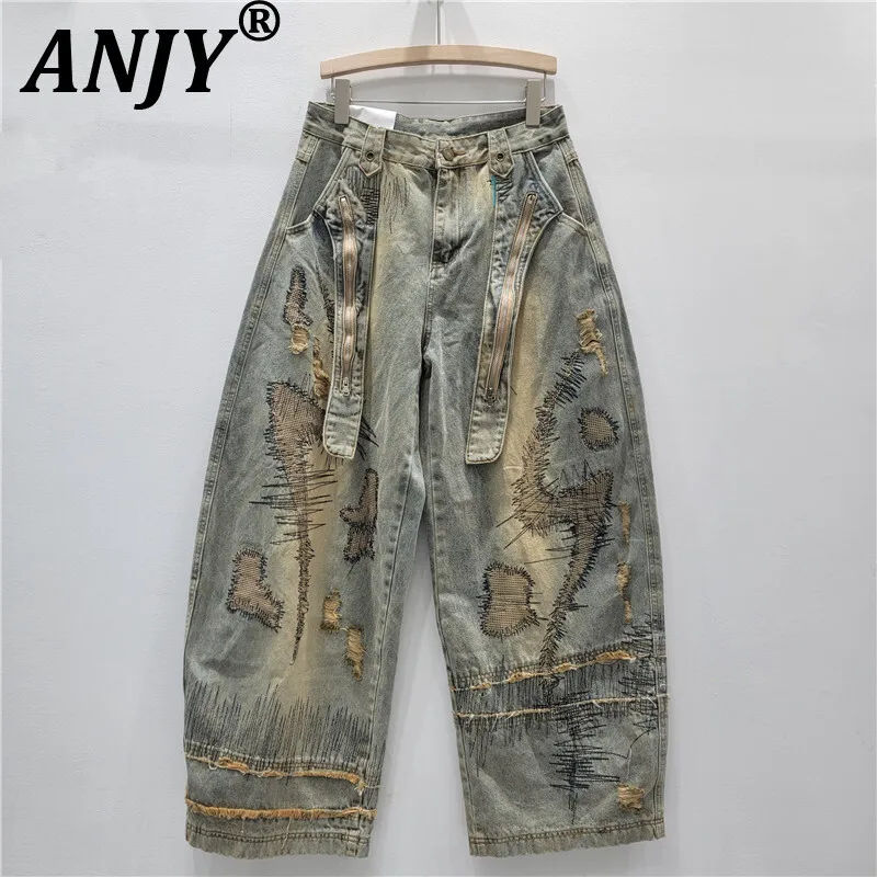 

ANJY Autumn American New High Street Vintage Heavy Embroidery Tide Jeans Unisex Niche Design Stylish Wide Leg Denim Pants A11460