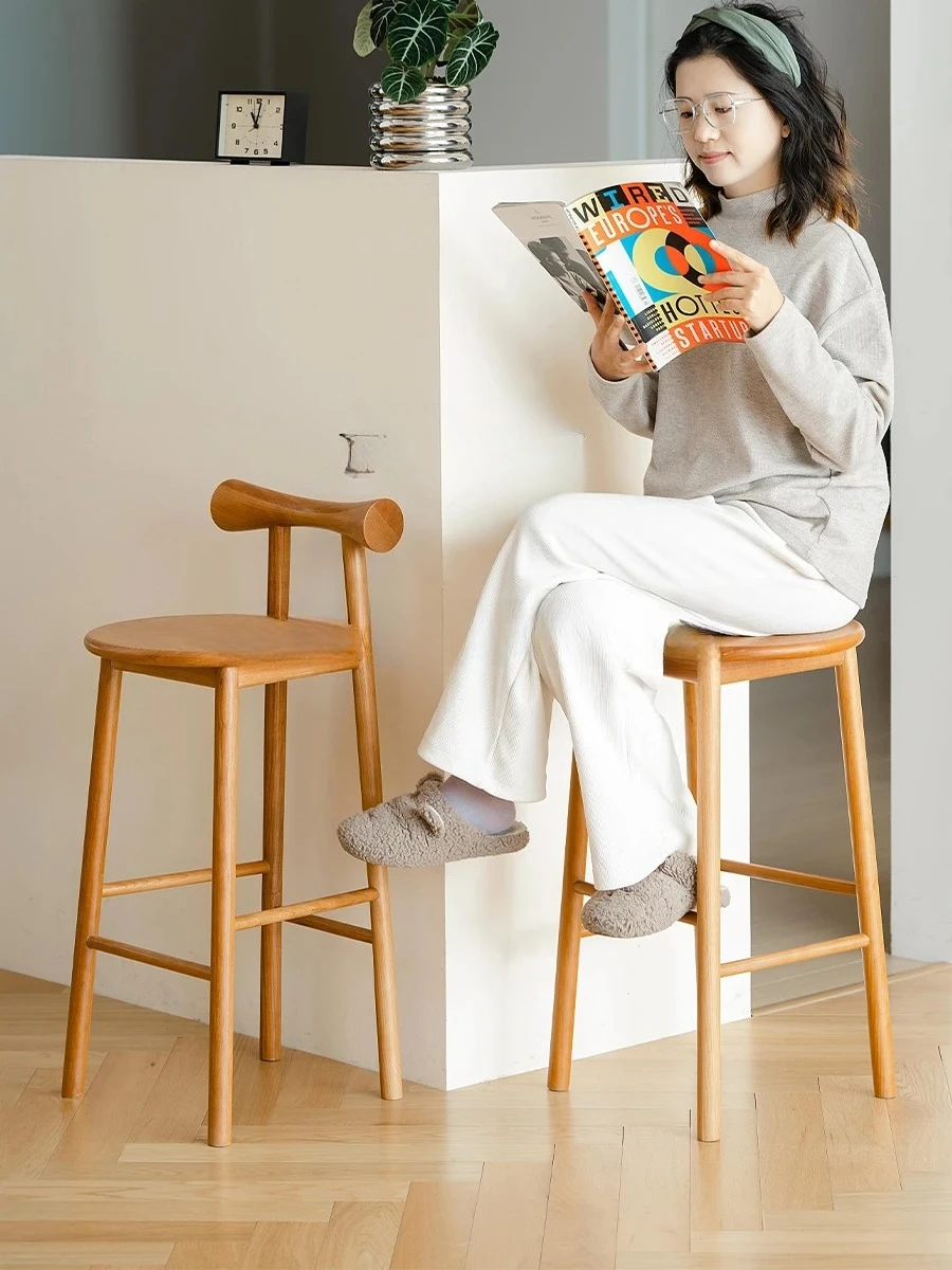 Cherry Wood Bar Stool Solid Wood High Stool with Backrest Round Stool