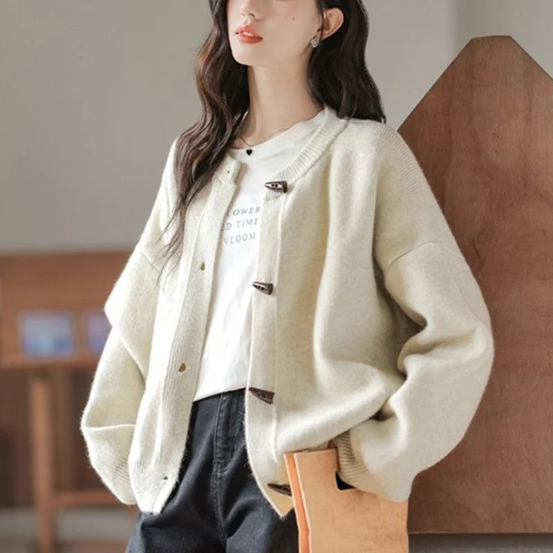 

Свитер с круглым вырезом и роговицами, толстое пальто для женщин, осень-зима, новый свободный однотонный универсальный вязаный кардиган в стиле ретро