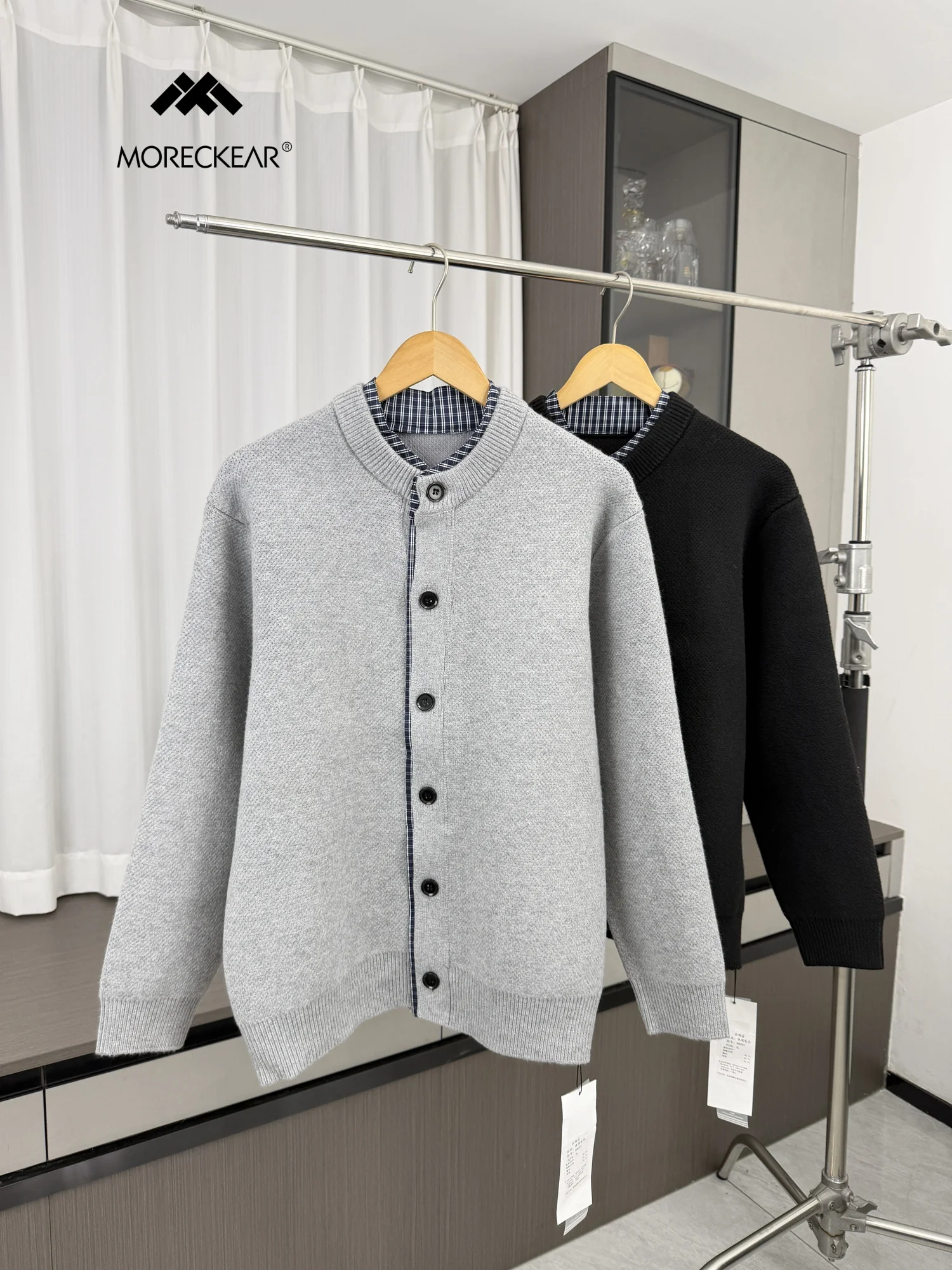 Retro Japanese Style Men's Knitted Open Cardigan Casual Sweater Coat Color Block Collar Design Warm Long Sleeve round Neck
