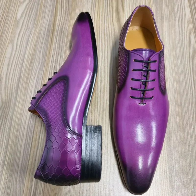 Party Dress Men Shoes Handmade Pure Genuine Leather Luxury Purple Office Dress Business Oxford Lace Up Male Footwear Ideal Gifts