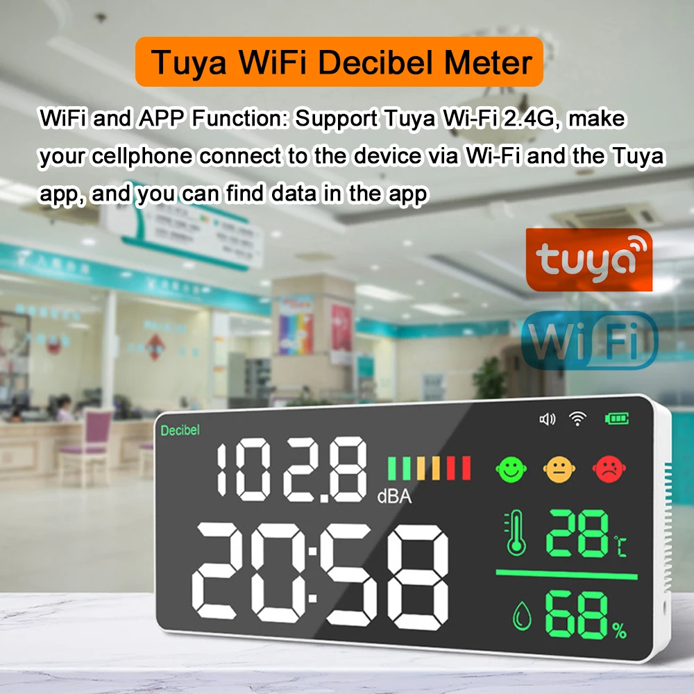 4 In 1 Tuya WiFi Noise Decibel Meter Thermometer Hygrometer Alarm Clock 11inch LED Color Display Decibel Tester Hygrothermograph