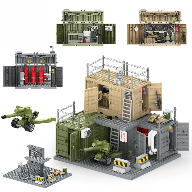 4 IN 1 WW2 Army Military Soldiers SWAT Police Container Weapon Cannon Base Model Building Blocks Bricks Children Toys