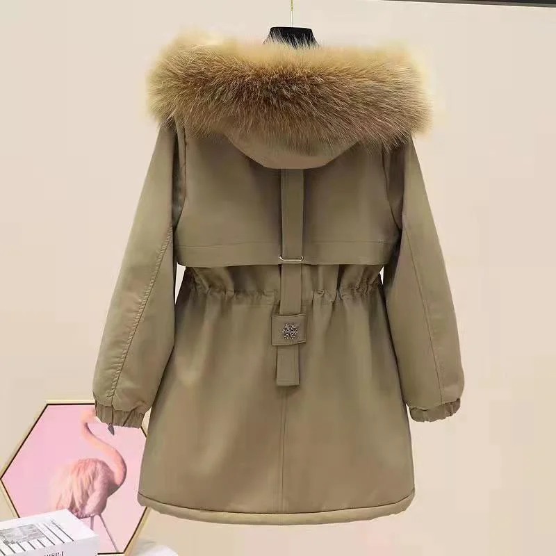 

Big fur Collar Style Overcomes Cotton Jacket for Women 2024 Autumn Winter Mid Long Style New Loose and Plush Thick Women's Coat