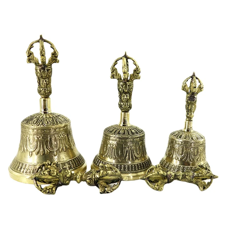 

Nepal Handmade Brass Tibetan Bells Chimes with Vajra Vintage Buddhist Meditation Hand Bell Chakra Chimes Musical Instrument Gift