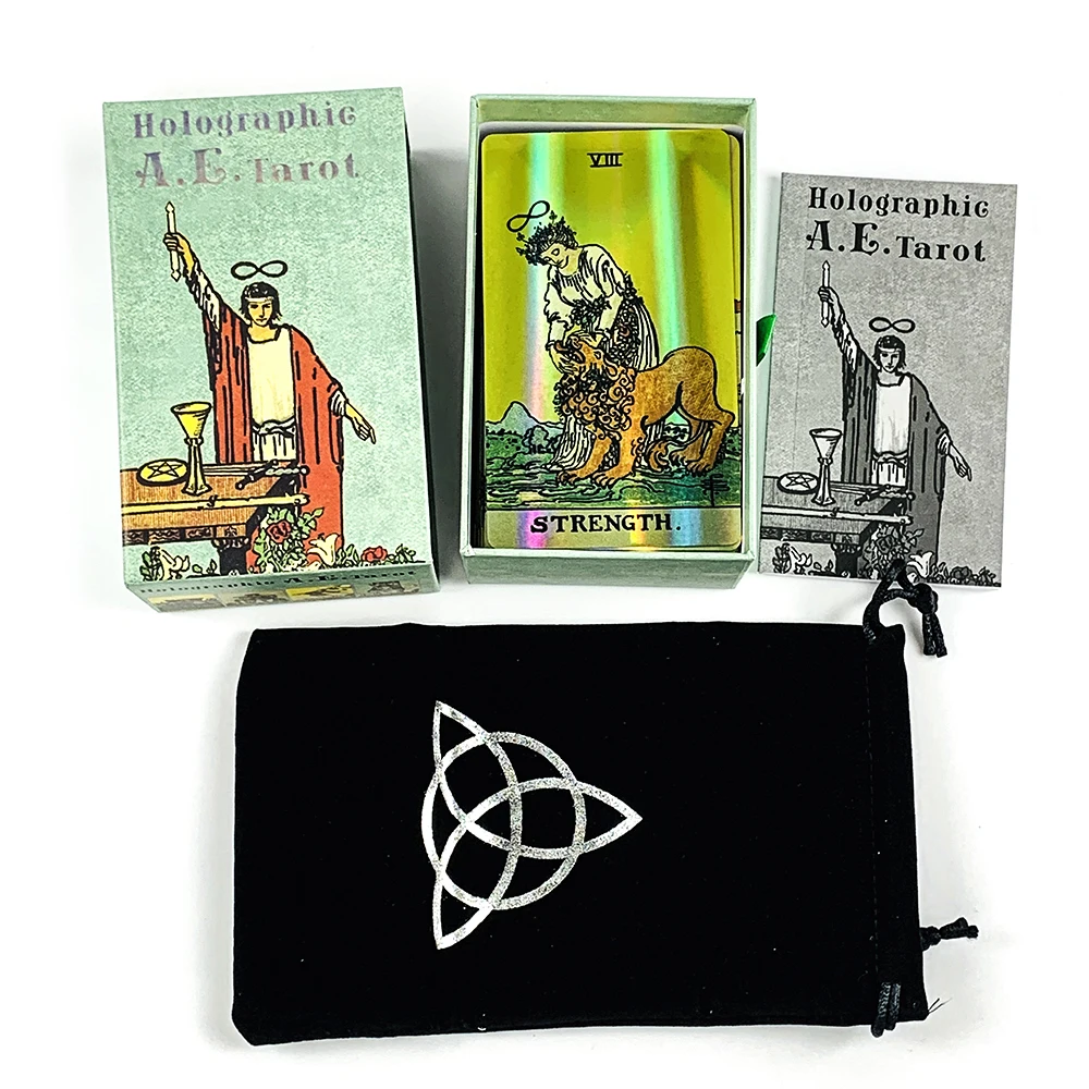 12*7cm Holographic A.E. Tarot Deck Pull-out Gift Box 78 Tarot Cards Divination Board Game with Guidebook and Drawstring Pouch