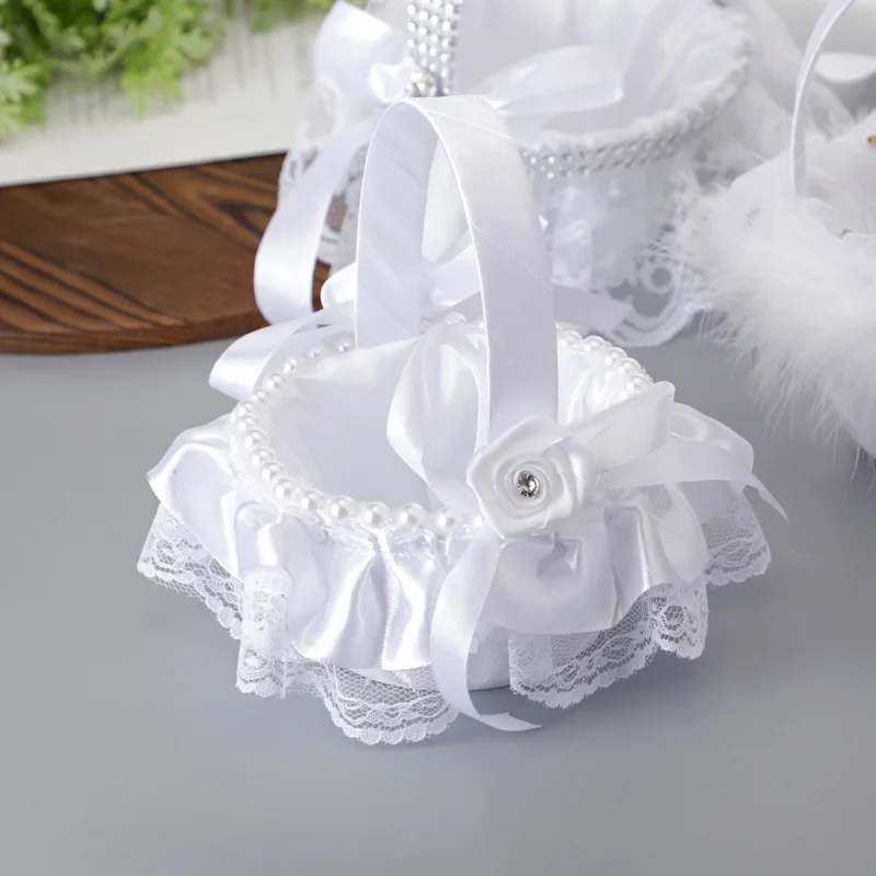 White Flower Girls Basket Pearl Lace Simple Wedding Basket for Flower Bride/kids Hand Held Wedding Ceremony Party Decorations image 5