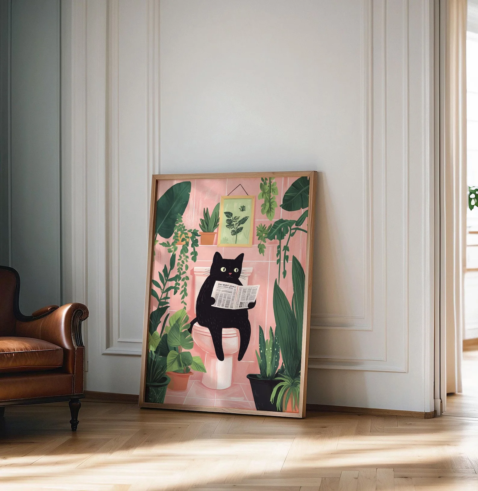 Lustiges Badezimmer-Poster, Katzen-Lesezeitungsdruck, Toiletten-Wandkunstdruck, Vintage-Katzendruck, minimalistische Wandkunst, Badezimmer-Deko