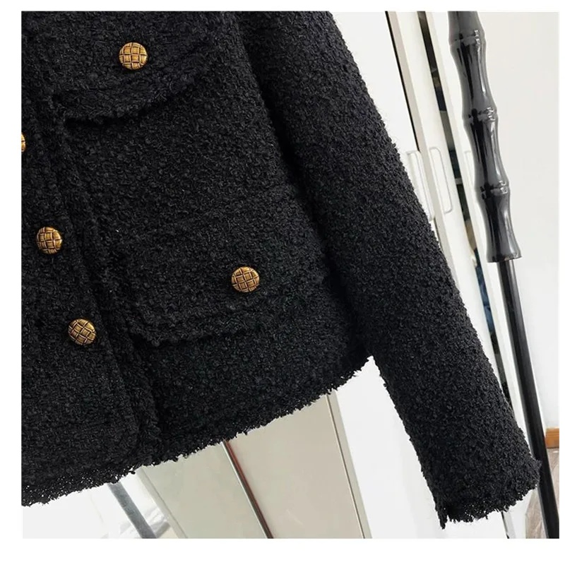 Novo Casaco Curto Floral Grosso Preto de Gola Redonda para Mulheres, Estilo Francês, Pequeno Toque de Fragrância, Retrô, Elegante, Primavera Outono 2026