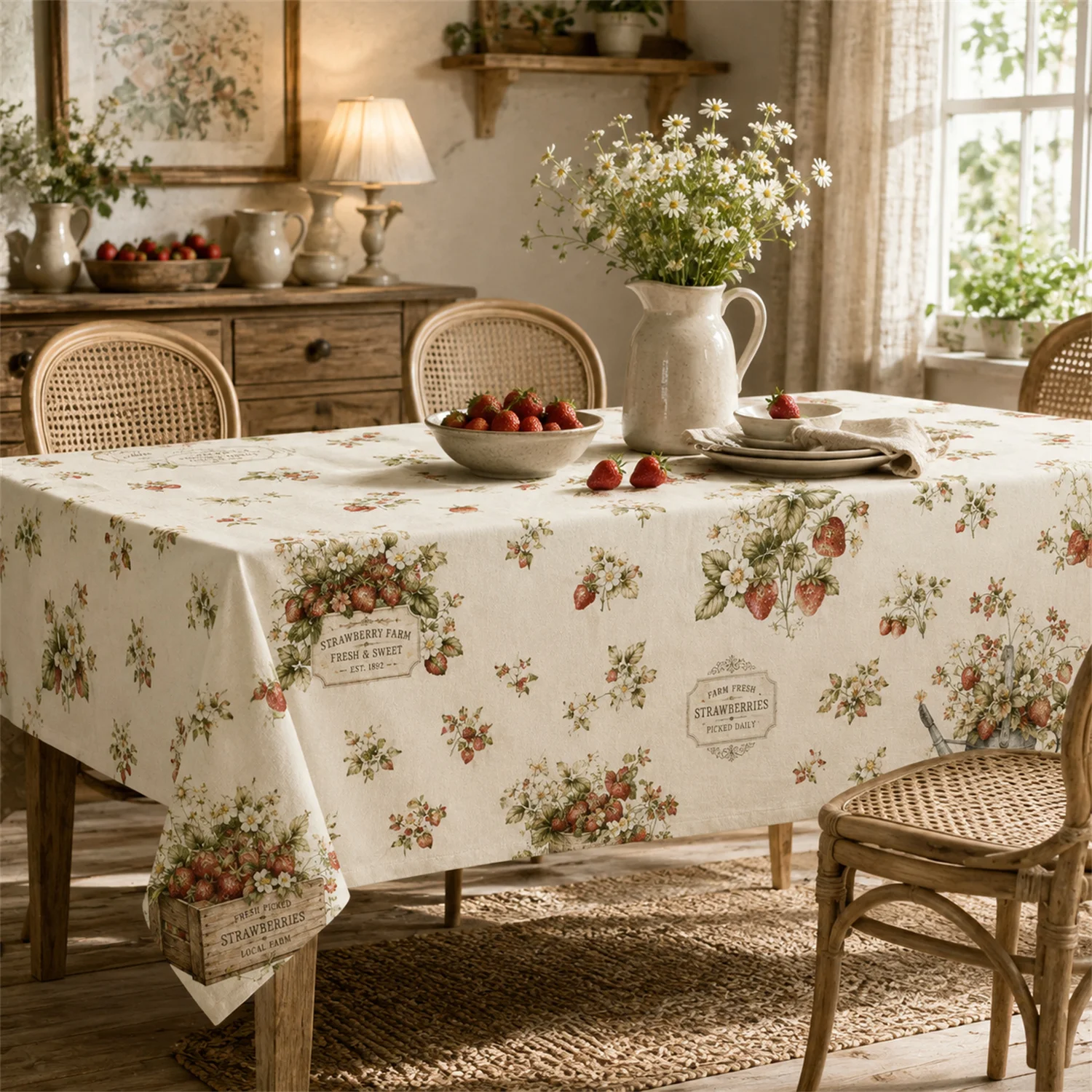 Vintage Strawberry Farm Tablecloth Floral Basket Print Dining Table Cover Cottage Farmhouse Kitchen Party Home Decor