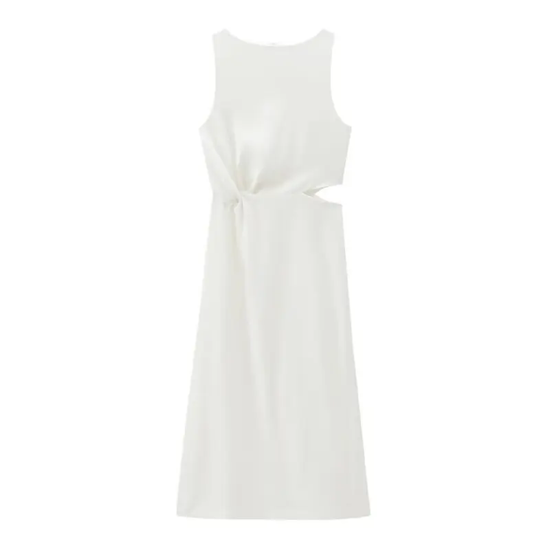 فستان أسود أنيق طويل غير متماثل مجموعة خريف جديدة موضة نسائية مكشوفة الظهر وفتحة الخصر بدون أكمام رقبة مستديرة