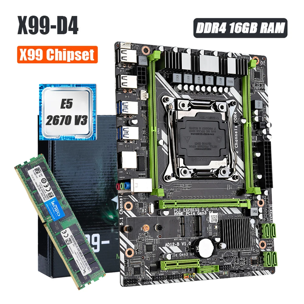 

X99 Motherboard Kit set LGA 2011-3 with Intel Xeon E5 2670 V3 CPU Processor 16G DDR4 Memory X99 Combo NVME M.2