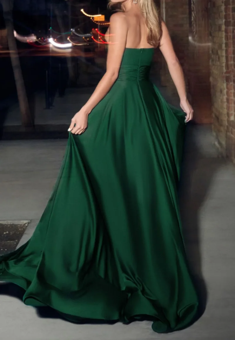 Customized Dark Green Strapless Evening Dress Pleated Long A-line Skirt Sashes Ssleeveless Party Gown