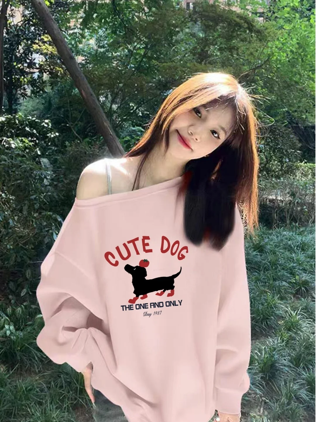 Sweet Cute Cartoon Dog Print Long Sve Sweatirt Light Beige oulder Design Comfortable Loose Fit Korean Sle Women's irt