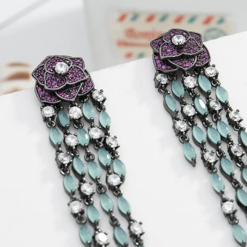 FXLRY Luxury long black gun plated vintage purple rose flower with green tassel earring for women Jewelry