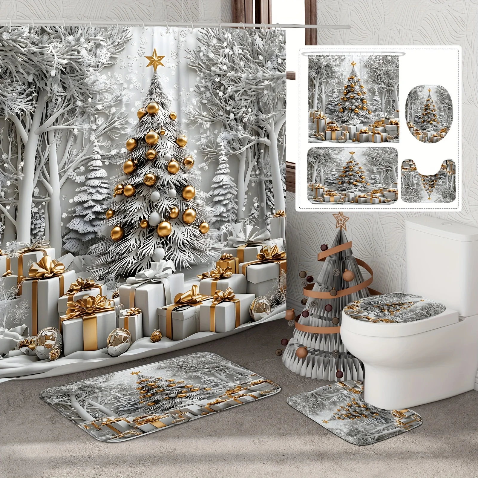 

4PCS Christmas Tree Shower Set – 12 Hooks Non-Slip Mat U-Seat Cover Toilet Lid Cover Holiday Bathroom Decor