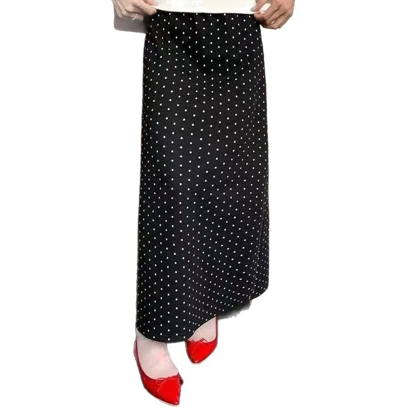 Gonna a pois neri a onde Donna Autunno e inverno Nuova moda Allentata dimagrante a forma di pera Gonne maglione lavorato a maglia di media lunghezza