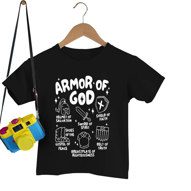 

Funny Armor Of God Print T-Shirt Young Boy Casual Round Neck Short Sleeve T-Shirt With Slogan Print, Summer Student Style