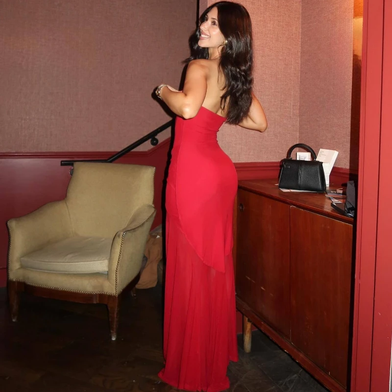 TWOTWINSTYLE Seksowna sukienka z ozdobnymi wstawkami i skrętem dla kobiet, bez ramiączek, wyszczuplająca, z przezroczystej siateczki, elegancka, długa sukienka na imprezę, nowość