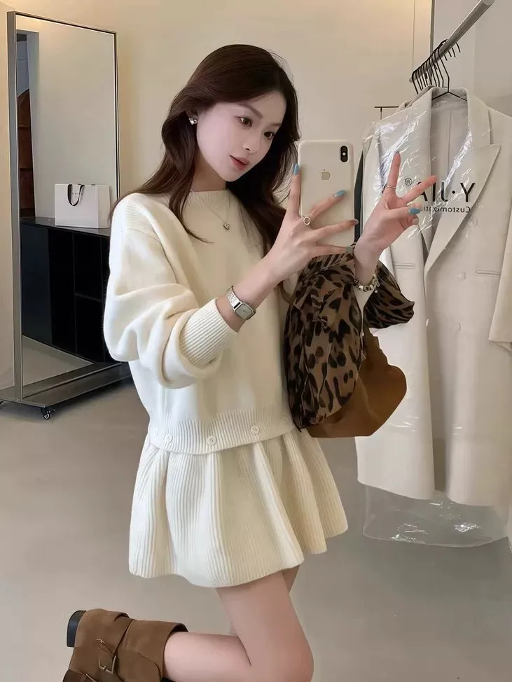 

Autumn Winter Soft Cozy Korean Style Fashion Design round Neck Knitted Sweater Dress Two Piece Set Women Warm Thermal Long Sl...