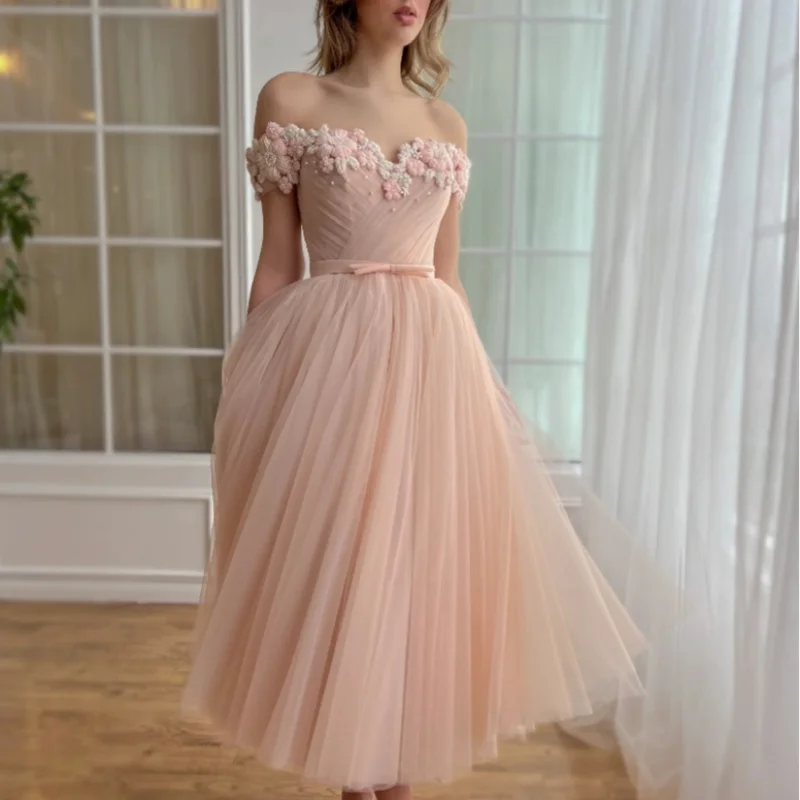 Backless Ball Gown Tulle Sleeveless Shoulder Shoulder Evening Gown Beautifully Applique And Calf Length Formal Occasion Dress