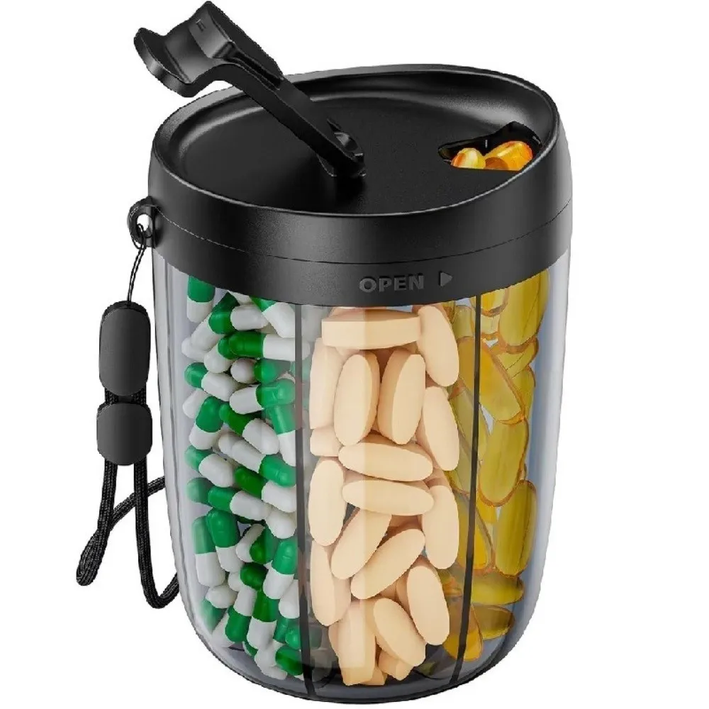 6 Compartments Pill Dispenser Plastic BPA-Free Pill Storage Bottle Wide Opening Anti-Mix Design Pill Organizer Box for Vitamin
