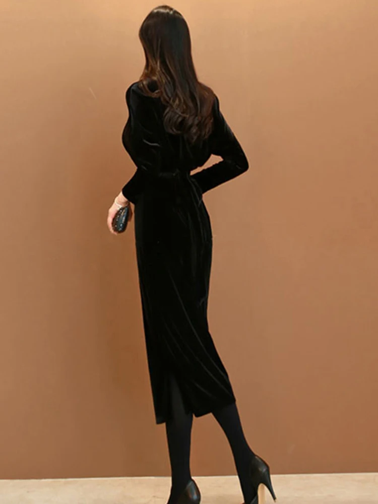 New Fashion Elegant Women Dress Temperament Retro Casual Lady Black Simple V-Neck Wrap Slim Velvet Club Robe Femme Mujer Vestido